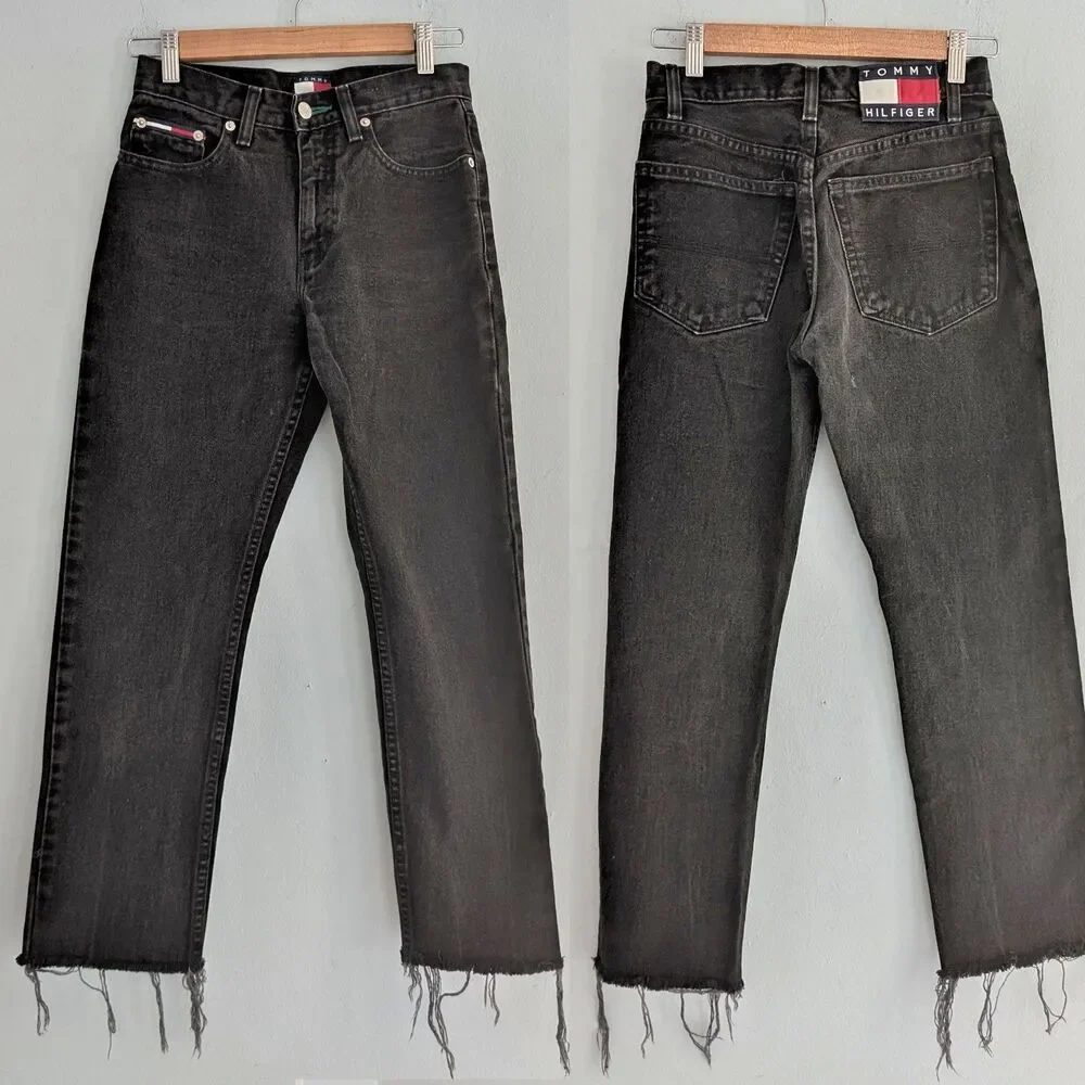 Vintage 90s Y2K Tommy Hilfiger Jeans Black Denim Cropped Distressed JRS Size 1